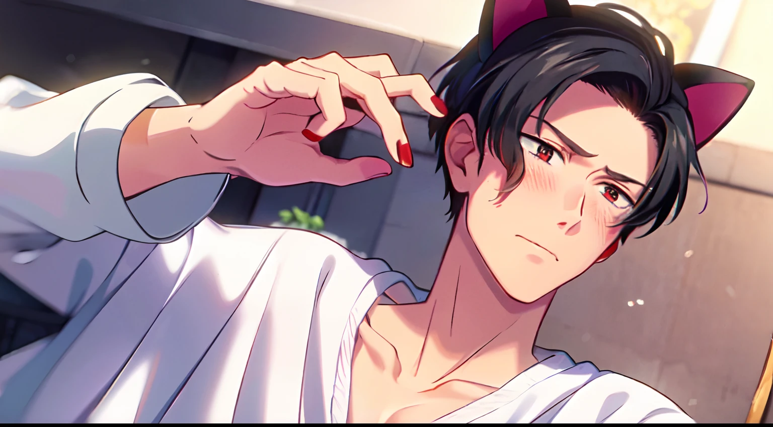 masterpiece, 1Man, luci, red eyes, black hair, flustered, blush, cat ears