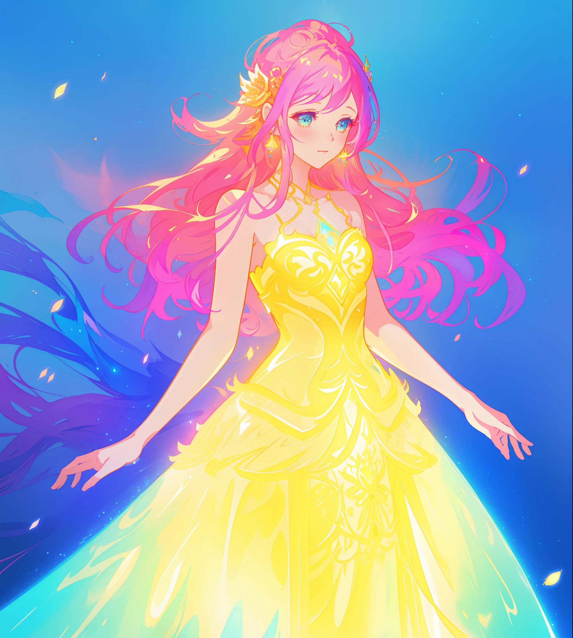 beautiful girl, puffy tiered ballgown, vibrant pastel colors, (colorful), glowing golden long hair, magical lights, sparkling magical liquid, inspired by Glen Keane, inspired by Lois van Baarle, disney art style, by Lois van Baarle, glowing aura around her, by Glen Keane, jen bartel, glowing lights! digital painting, flowing glowing hair, glowing flowing hair, beautiful digital illustration, fantasia background, whimsical, magical, fantasy, ((beautiful face)), ((masterpiece, best quality)), intricate details, highly detailed, sharp focus, 8k resolution, sparkling detailed eyes, liquid watercolor