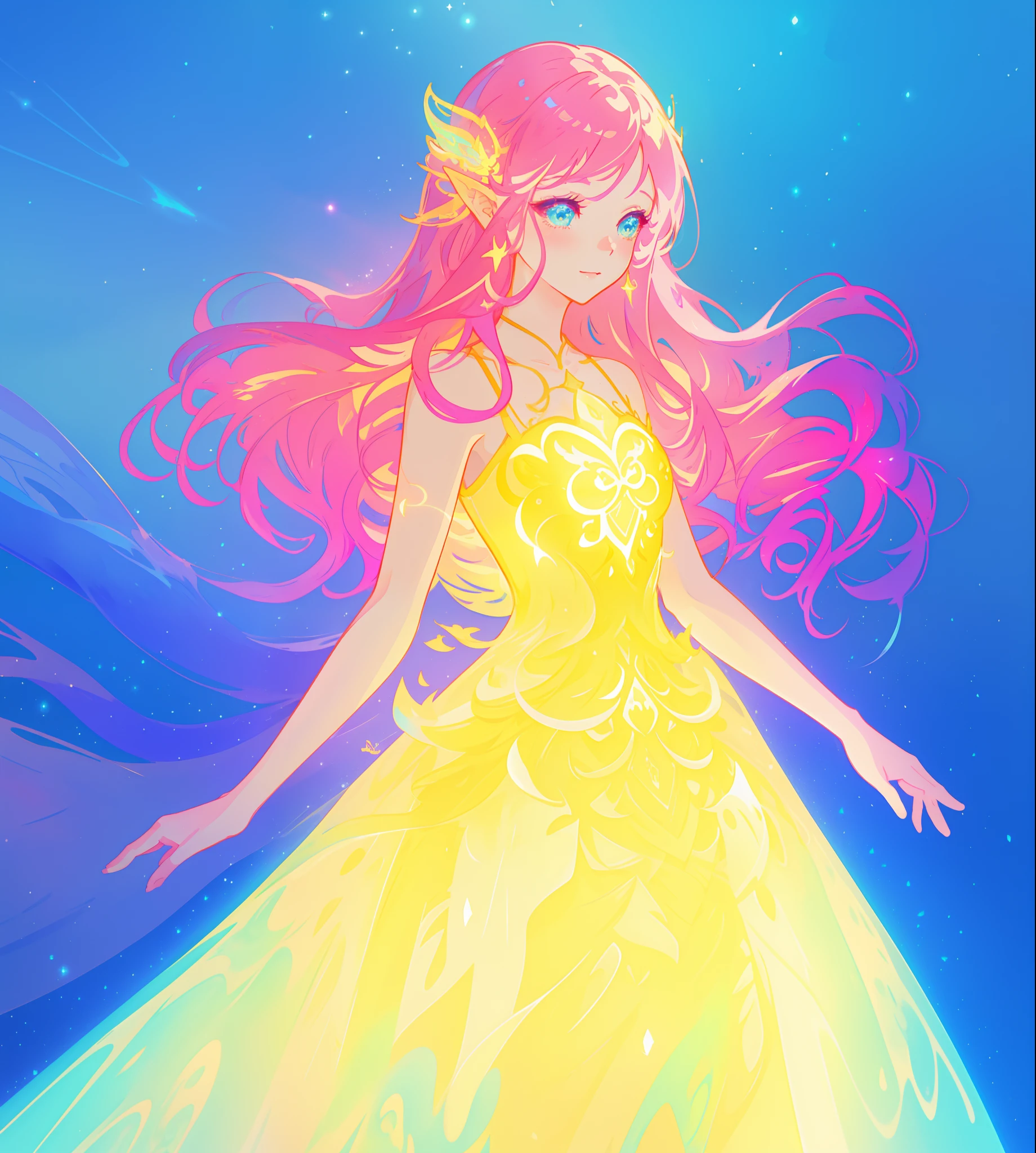 beautiful girl, puffy tiered ballgown, vibrant pastel colors, (colorful), glowing golden long hair, magical lights, sparkling magical liquid, inspired by Glen Keane, inspired by Lois van Baarle, disney art style, by Lois van Baarle, glowing aura around her, by Glen Keane, jen bartel, glowing lights! digital painting, flowing glowing hair, glowing flowing hair, beautiful digital illustration, fantasia background, whimsical, magical, fantasy, ((beautiful face)), ((masterpiece, best quality)), intricate details, highly detailed, sharp focus, 8k resolution, sparkling detailed eyes, liquid watercolor