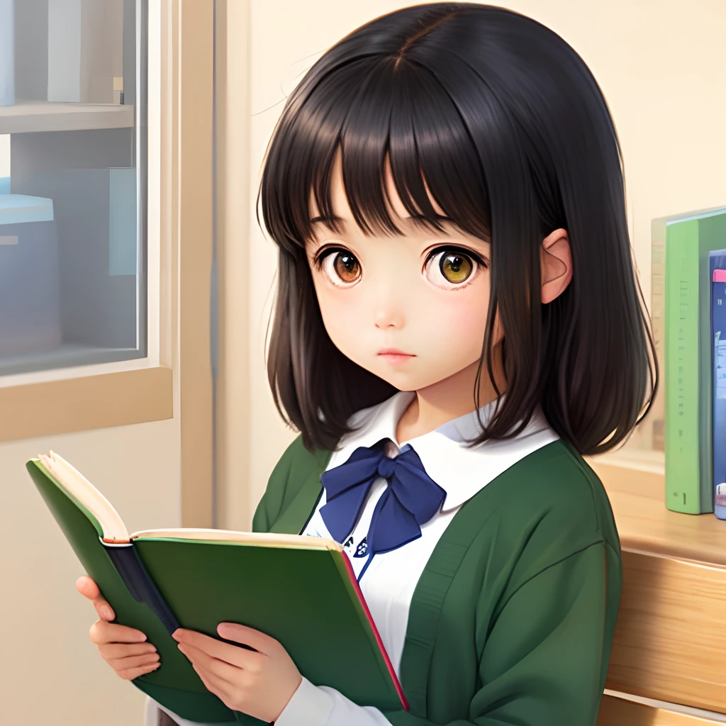 Anime girl, , littl, black hair, green eyes, elementary eading a picture book