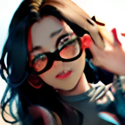 There is a woman with long hair, 16 anos, fotografia selfie 8k, cabelos longos e ondulados , foto frontal, olhos castanho escuro, oculos de grau, detalhada, nerd, cor parda, camisa branca, sorriso fofo
