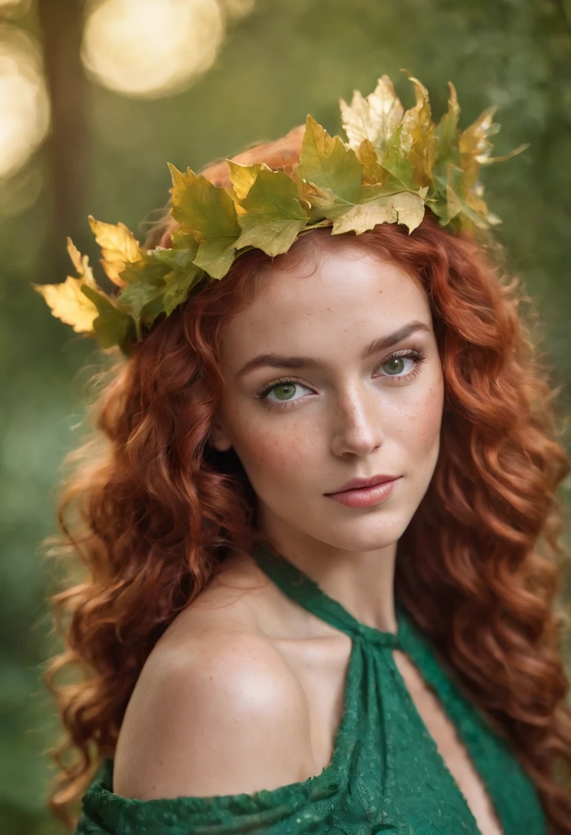 Woman with tan skin, light freckles, green eyes , red curly hair, wearing a green gown and golden leaf crown