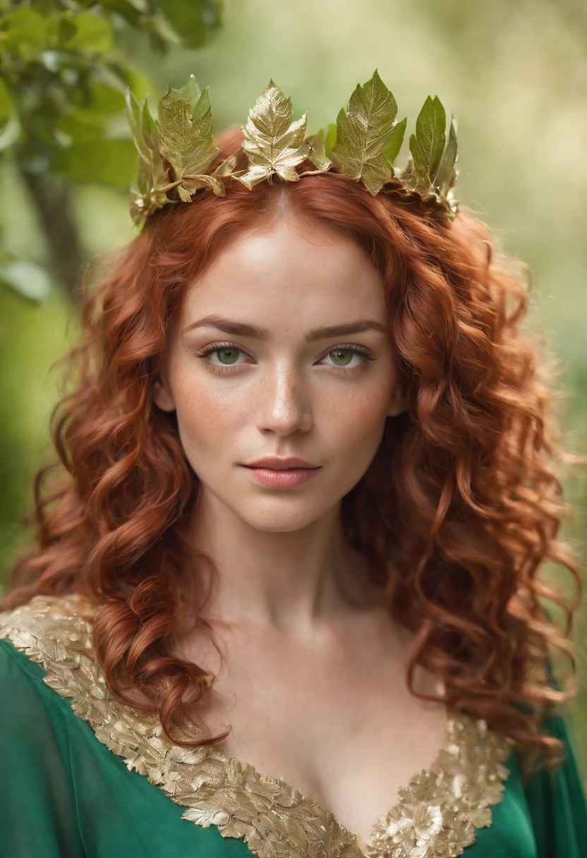 Woman with tan skin, light freckles, green eyes , red curly hair, wearing a green gown and golden leaf crown