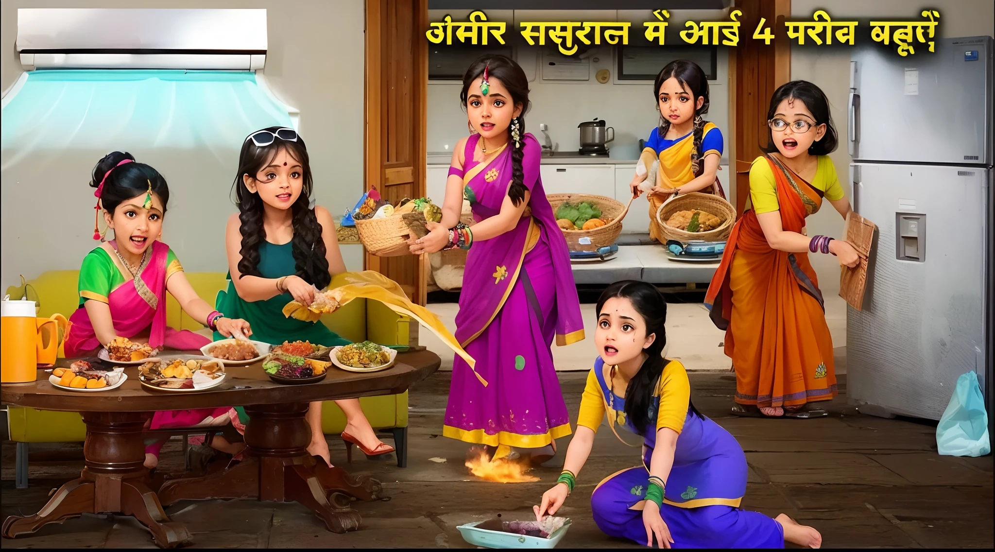 Convert this image into cute indian cartoon ladys , smoth face young woman and change background