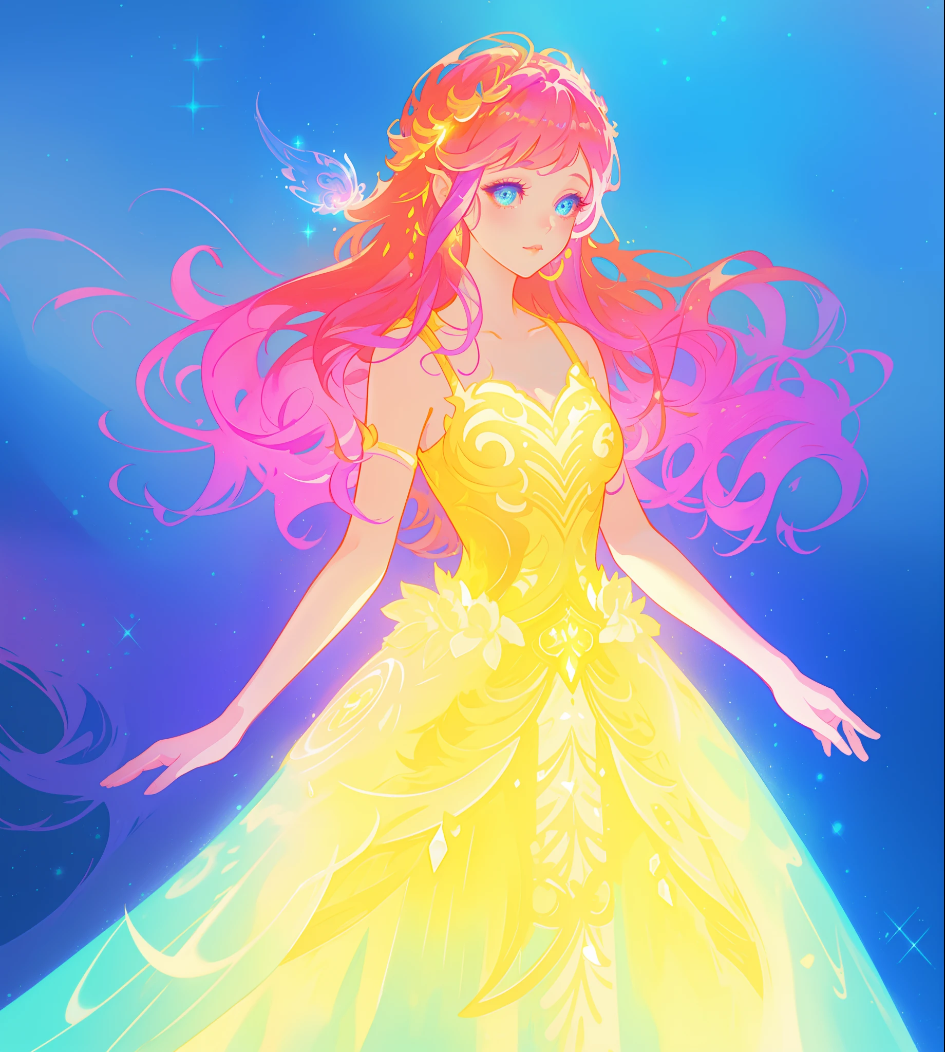 beautiful girl, puffy tiered ballgown, vibrant pastel colors, (colorful), glowing golden long hair, magical lights, sparkling magical liquid, inspired by Glen Keane, inspired by Lois van Baarle, disney art style, by Lois van Baarle, glowing aura around her, by Glen Keane, jen bartel, glowing lights! digital painting, flowing glowing hair, glowing flowing hair, beautiful digital illustration, fantasia background, whimsical, magical, fantasy, ((beautiful face)), ((masterpiece, best quality)), intricate details, highly detailed, sharp focus, 8k resolution, sparkling detailed eyes, liquid watercolor