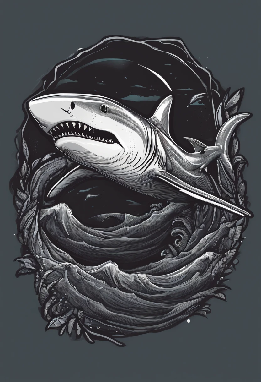 /imagine prompt: shark illustration for a sticker with a black background, in bold outline style, jagged edges, trashcore, light shading --v 5.2