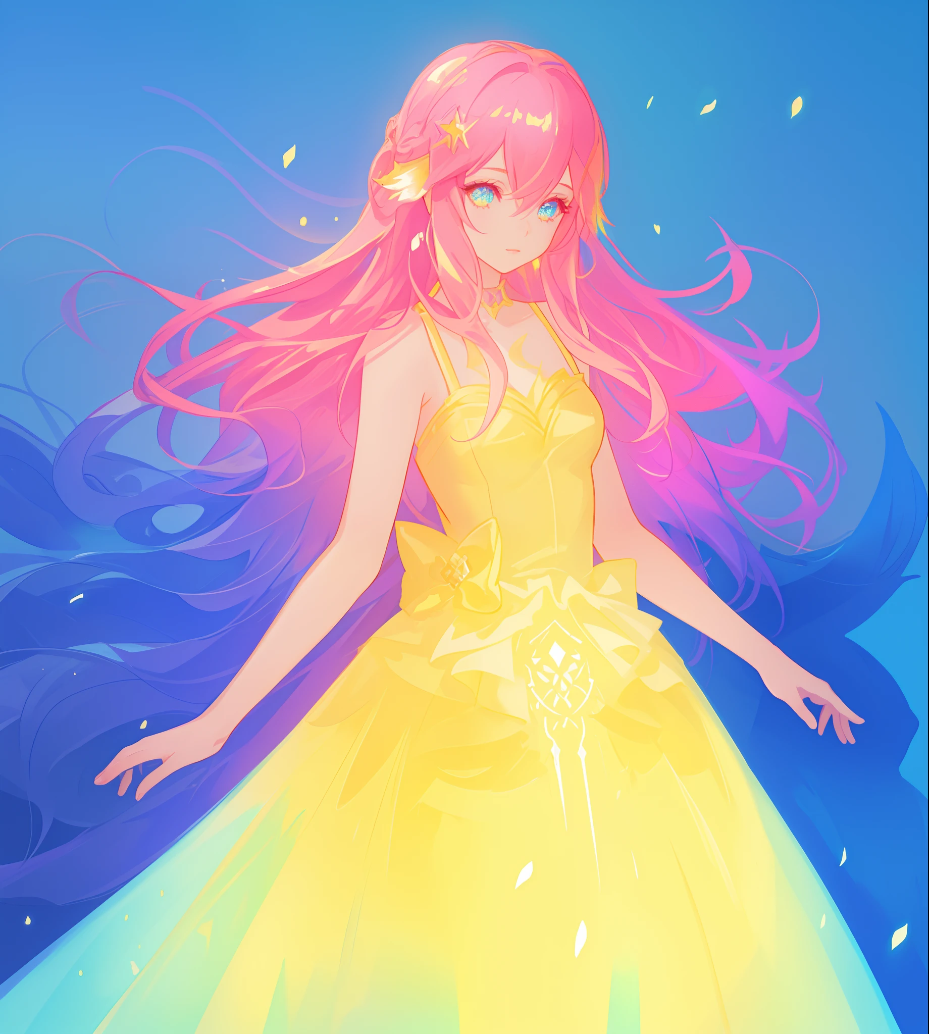 beautiful girl, puffy tiered ballgown, vibrant pastel colors, (colorful), glowing golden long hair, magical lights, sparkling magical liquid, inspired by Glen Keane, inspired by Lois van Baarle, disney art style, by Lois van Baarle, glowing aura around her, by Glen Keane, jen bartel, glowing lights! digital painting, flowing glowing hair, glowing flowing hair, beautiful digital illustration, fantasia background, whimsical, magical, fantasy, ((beautiful face)), ((masterpiece, best quality)), intricate details, highly detailed, sharp focus, 8k resolution, sparkling detailed eyes, liquid watercolor