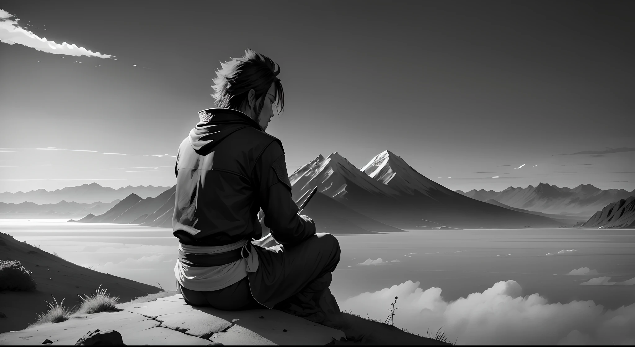 (Manga, black and white, high contrast , scenery, MIYAMOTO MUSASHI, vagabond ), monk , outdoor , landscape,alone man , sitting in vast empty ground ,hd , 4k, 8k, uhd, hdr, detailed background, background, detailed , manga black and white , high contrast