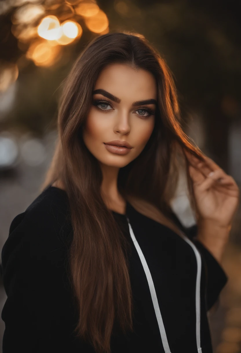 Mulher Arafed em roupas pretas, ??????????? com olhos castanhos, Retrato Sophie Mudd, Cabelo preto e olhos grandes, Selfie de uma jovem mulher, Olhos do quarto, Violeta Myers, sem maquiagem, Maquiagem natural, staring directly at camera, Rosto com Artgram, Maquiagem sutil, Foto deslumbrante de corpo inteiro, na natureza , decote, seios enormes, seio grandes, seios grandes, seios enormes