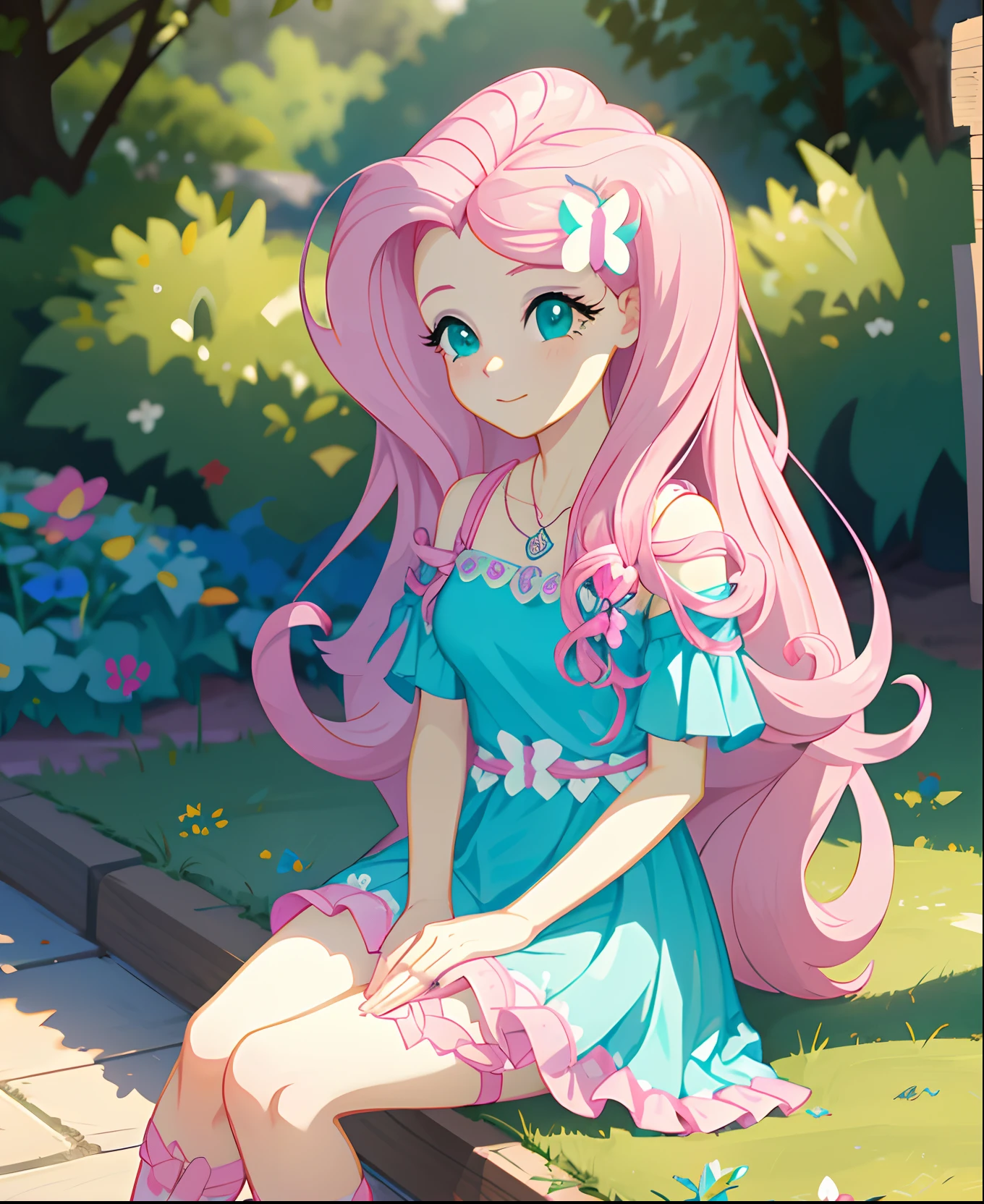 Fluttershy, fluttershy from my little pony, fluttershy in the form of a girl, lush breast, pink long wavy hair, flowers, butterflies, ((beautiful turquoise eyes)), Masterpiece, best quality, (very detailed CG unity 8k wallpaper) (best quality), (best illustration), (best shadows) Nature&#39;s delicate leaves petals of various colors falling in the air light Tracking, super detailed, water fall, white bunny sitting next to her, sitting on grass, soft smile