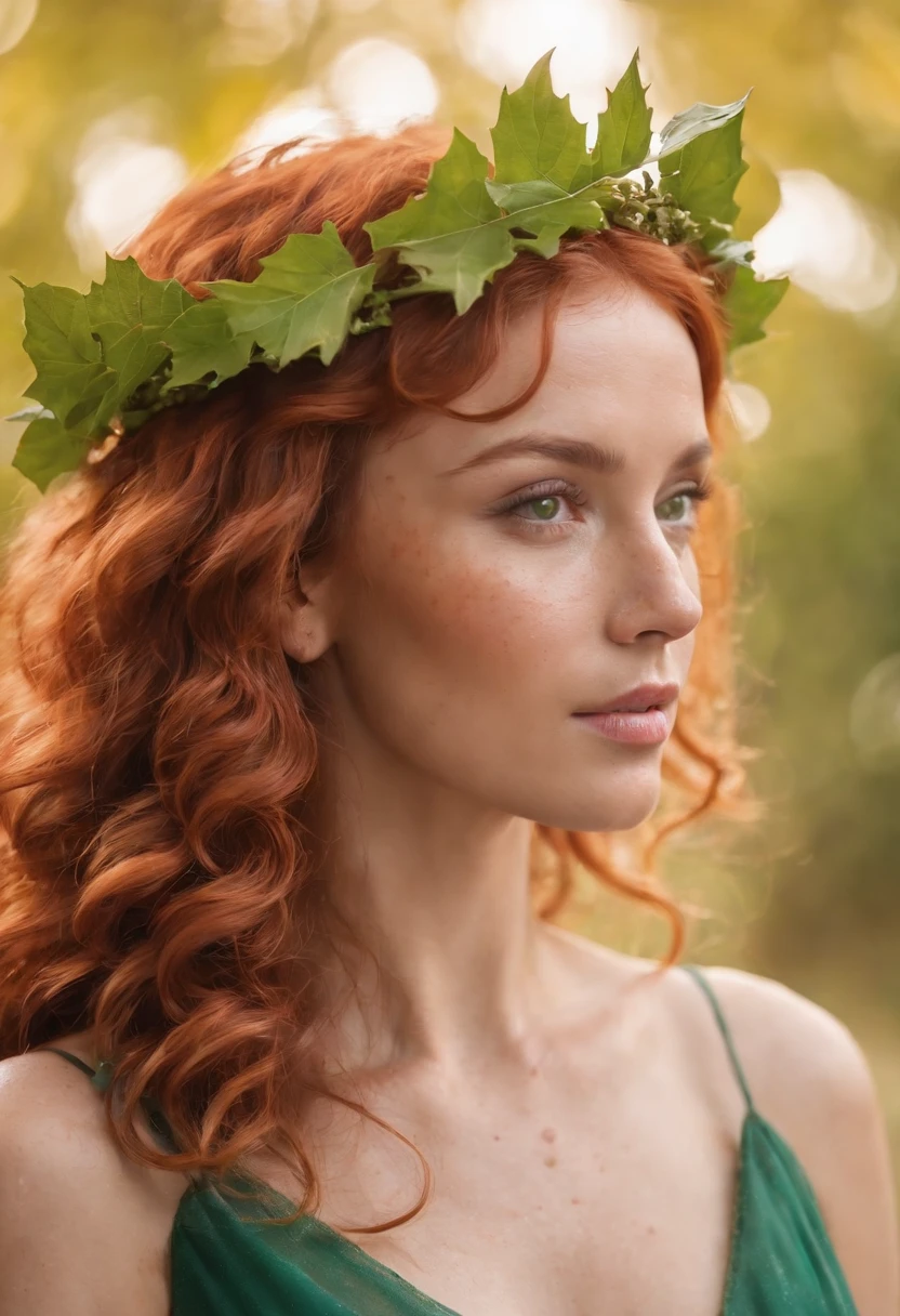 Woman with tan skin, light freckles, green eyes , red curly hair, wearing a green gown and golden leaf crown