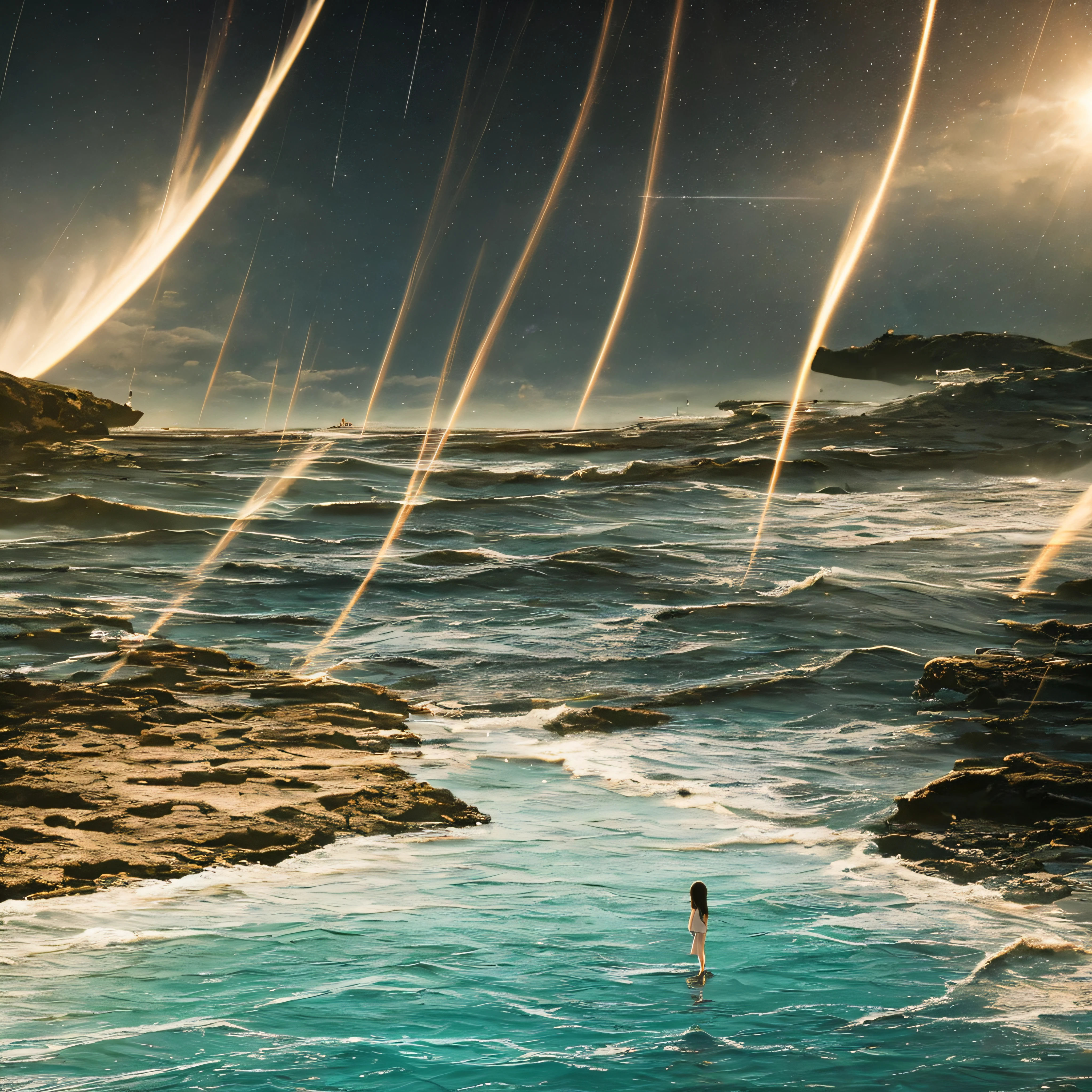 ((masutepiece, Highest Quality)), At night, thin clothes, girl, Put one foot in seawater with only your toes, a girl is standing, Girl on her side, Girl between the horizon and the sea, Looking from the side, Ripples spreading from the toes, The site is about 20 meters away, Above the sea, At night, The whole scene shines, There is a meteor shower --auto