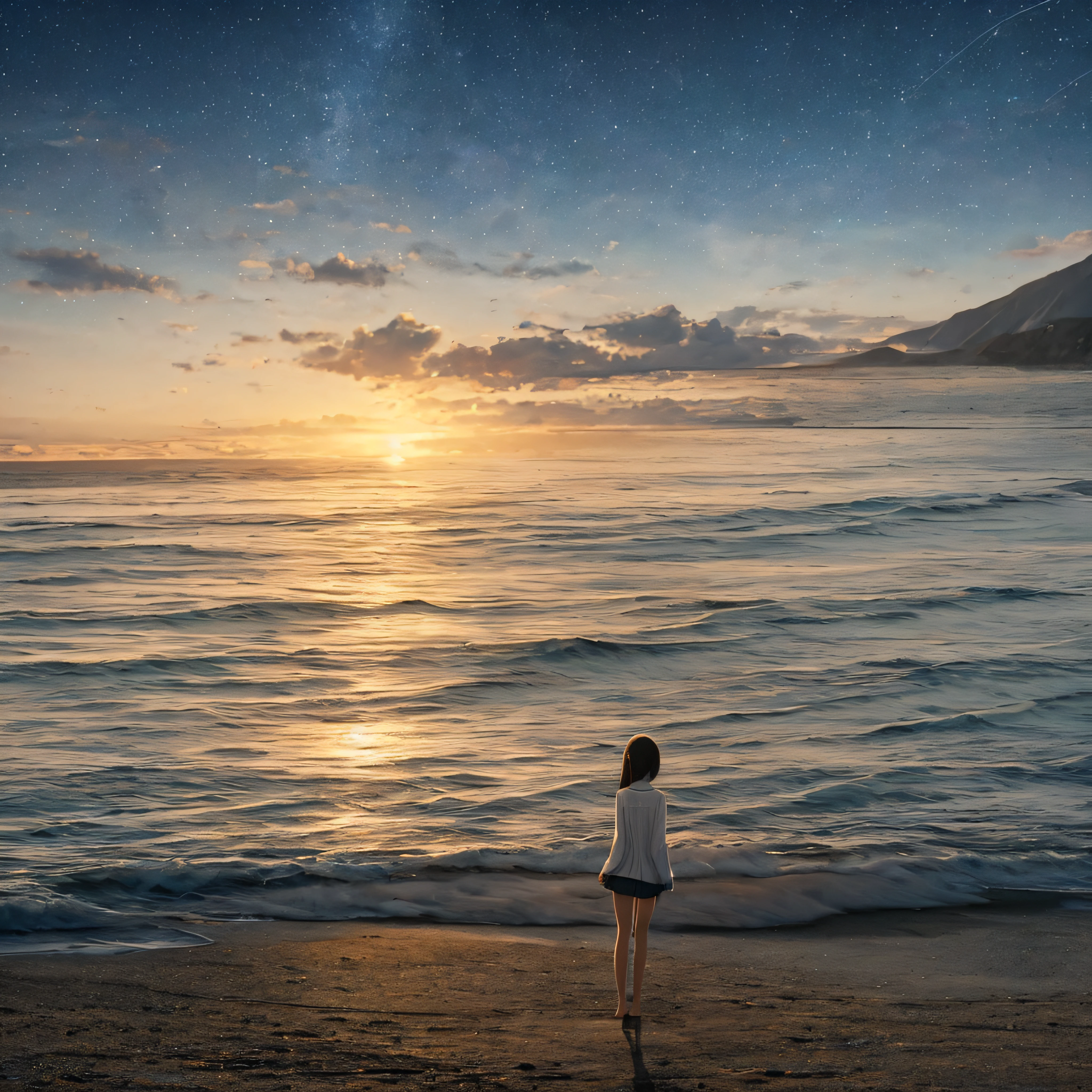 ((masutepiece, Highest Quality)), At night, thin clothes, girl, Put one foot in seawater with only your toes, a girl is standing, ??????? her side, Girl between the horizon and the sea, Looking from the side, Ripples spreading from the toes, The site is about 20 meters away, Above the sea, At night, The whole scene shines, There is a meteor shower --auto