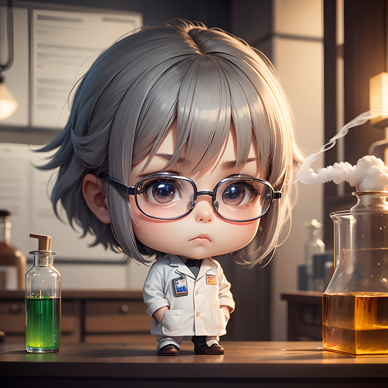 masterpiece、top-quality、ultra-detailliert、(Chibi Chara Scientist:1.2)、Gray-haired old man solo、laboratory、Labware、Suspicious smoke、Standing