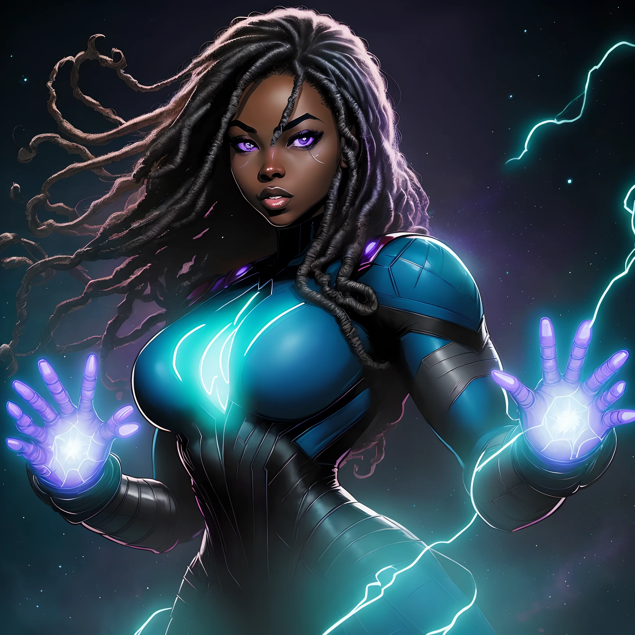 marvel comic art style, dc comic art style, marvel comic panel,  marvel comic book version, black woman, kitana costume in light blue and purple, long dread locks, glowing light purple hands