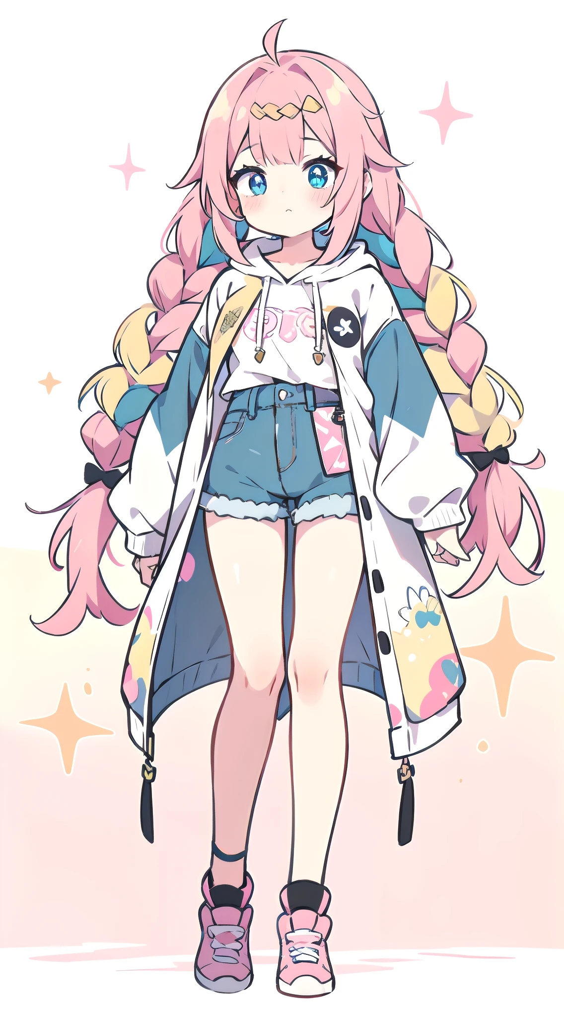 1girl in, Full body, Jeans texture lace and wearing pink shorts, Wearing hoodie in yellow modern style fashion, Foggy, gradient, multicolored hair, Separated from long hair with double braided pigtails々Bangs, Blue bright eyes, Big perfect eyes like diamonds, Cute, Character Design, Detailed, Anime, Official, Flower patterns, Pink details with shine and brushes, clip studio paint, nffsw, ..PSD