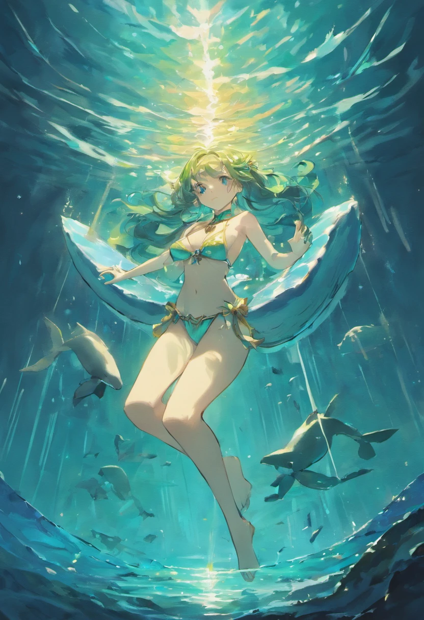 Chinese mythology，There are huge whales in the water，Glow with blue light，in dark style，Huge dams，Huge body contrast