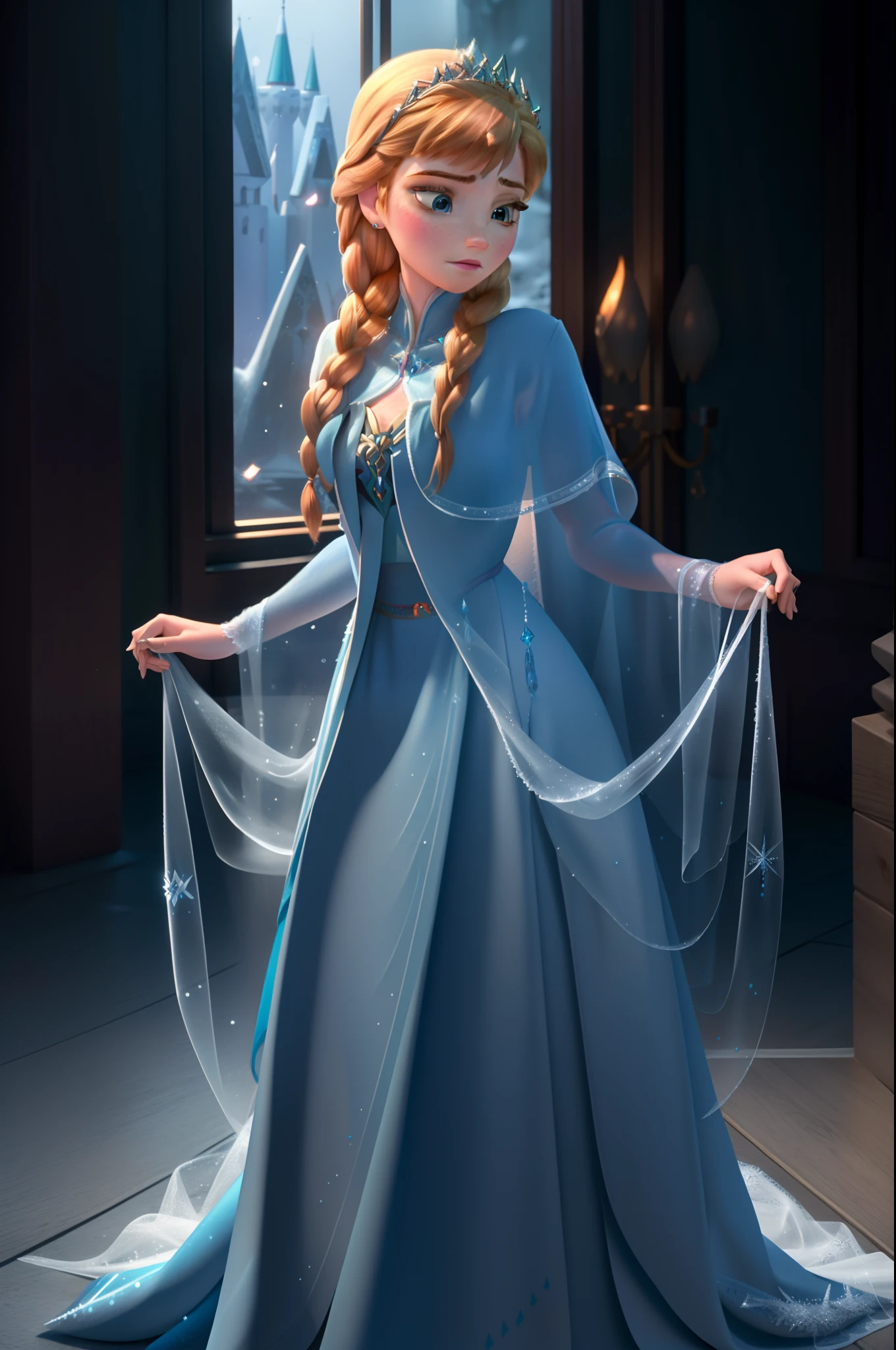 There is a young woman, Dressed in a frozen princess costume, Portrait of Elsa de Arendelle, Portrait of Elsa from Frozen, Elsa Pretty, Elsa, winter princess, Elsa, Frozen, Frozen Elsa, Realistic Disney Photos, Disney Photorealista, Emma Watson as Ice Queen, ice princess, Winter Queen, The film Klaus Congerard, Weta Disney Portrait, ice queen