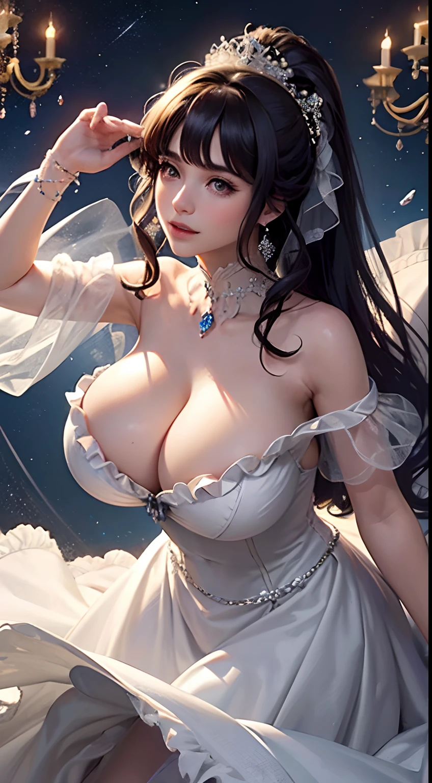 Dramatic composition, Court-style dress, royal, Gorgeous, Cascading frills, Ruffles, the bow, Crystal chandeliers, Roman curly hairstyle, Bonet, Tied into a double ponytail like a drill, Look at the camera, bangs, Maximalism, Palatial background, Delicate depiction of hair and eyes, Princess dress, Gorgeous dress, Flowers in hand, ssmile, Starry eyes, Cinematic light, Extreme detail, High definition, Happy girl, Very long hair, diamonds, Broken diamonds, Crystal fragments, Light particles,(((huge tit,gigantic cleavage breasts)))