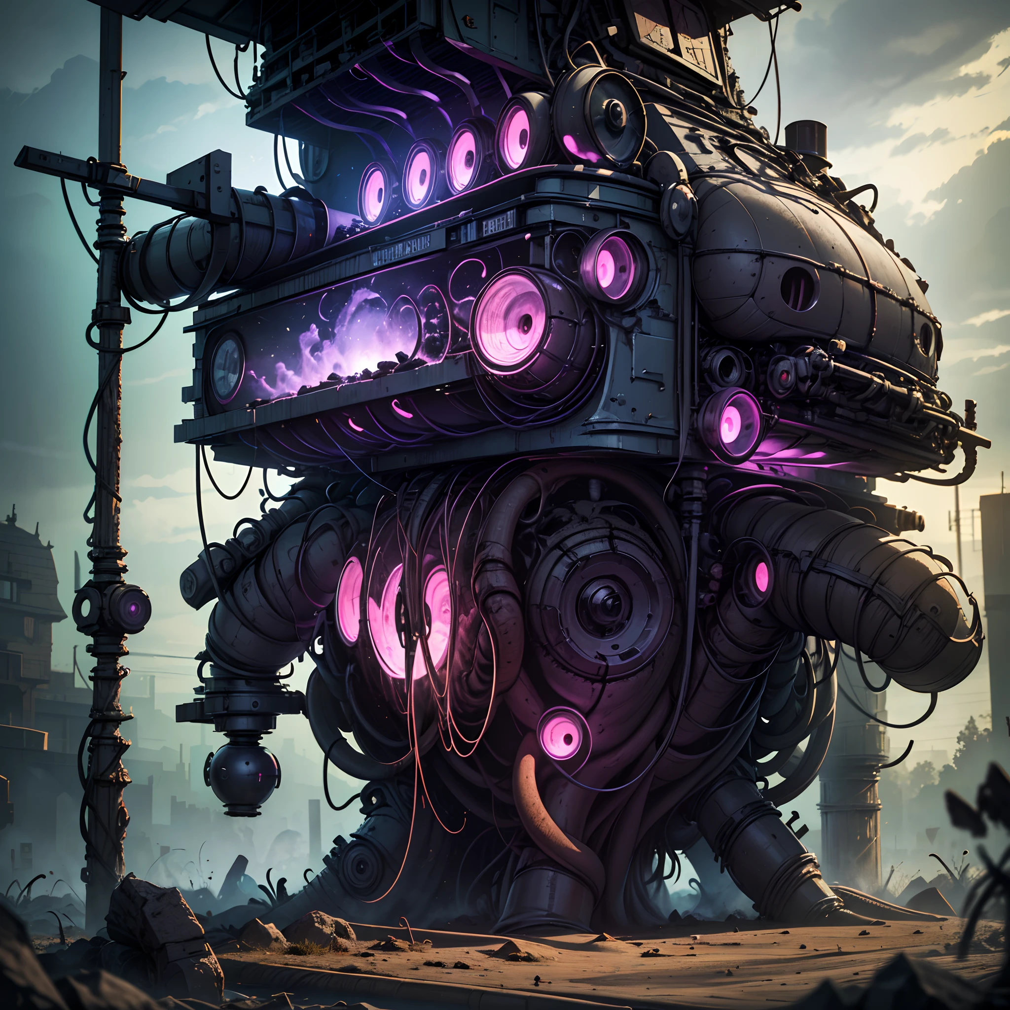 One_eyed,Pixel art(Best quality,4K,8K,A high resolution,Masterpiece:1.2),(Deep black purple,:1.4)Color scheme,Thrilling moments,A huge urban agglomeration with a Soviet aesthetic,,Nuclear explosions and nuclear bomb explosions,(Armageddon),Dilapidated city,Dilapidated streets,creating a surreal ambiance. Ruined city bathed in moonlight, Cast an eerie glow on the burning smoke hovering in the air.