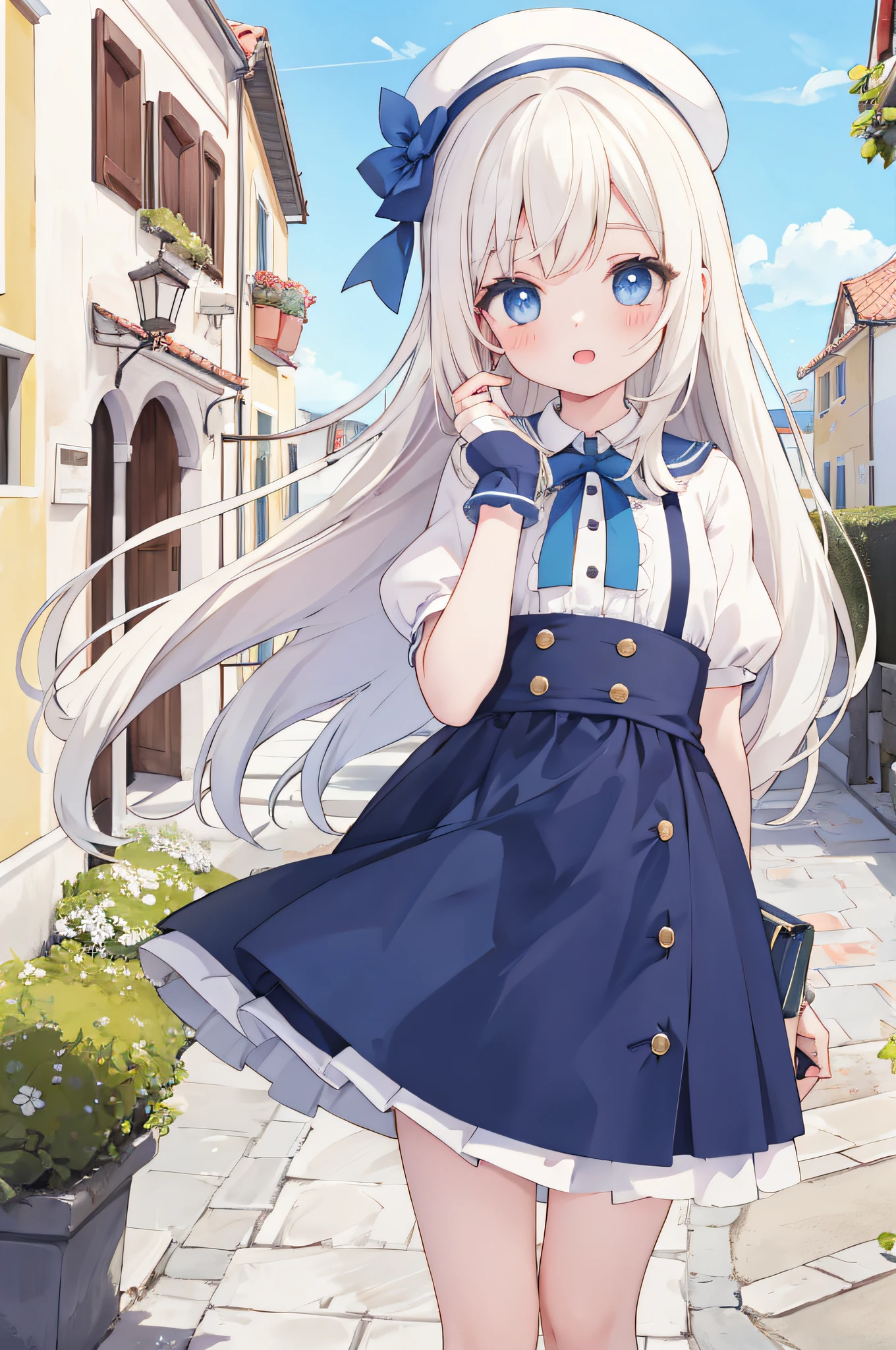 Beautiful girl standing on a street of Mediterranean port city,vento,pale blonde hair, olhos azuis,Caudas duplas muito longas,vestido branco,white hat,blue skies,rir,dente duplo,olhos fechados,Olhando para o Viewer,Reflexo da lente,Dramatic, costeiro