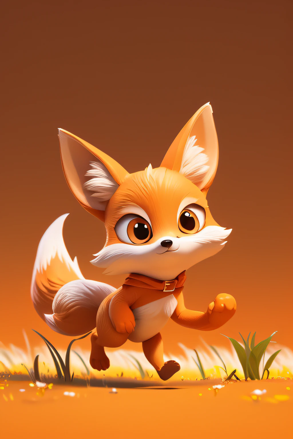 3dcharacter fox running on the grassland, (full body:1.2), masterpiece,best quality,(orange gradient background:1.1)