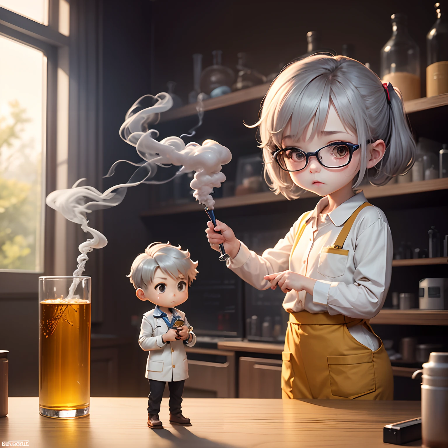 ​masterpiece、top-quality、ultra-detailliert、(Chibi Chara Scientist:1.2)、Gray-haired old man solo、Chibi Lab、Labware、Suspicious smoke、Standing