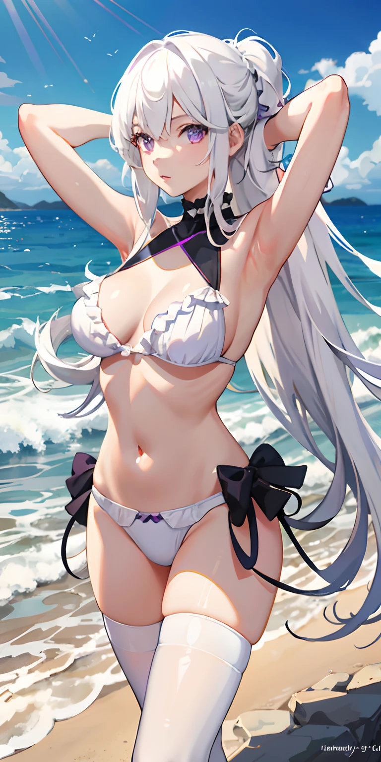 realisticlying, 1girl, White hair, Purple eye, White panties, sea beach, light particules, llight rays, the wallpaper,