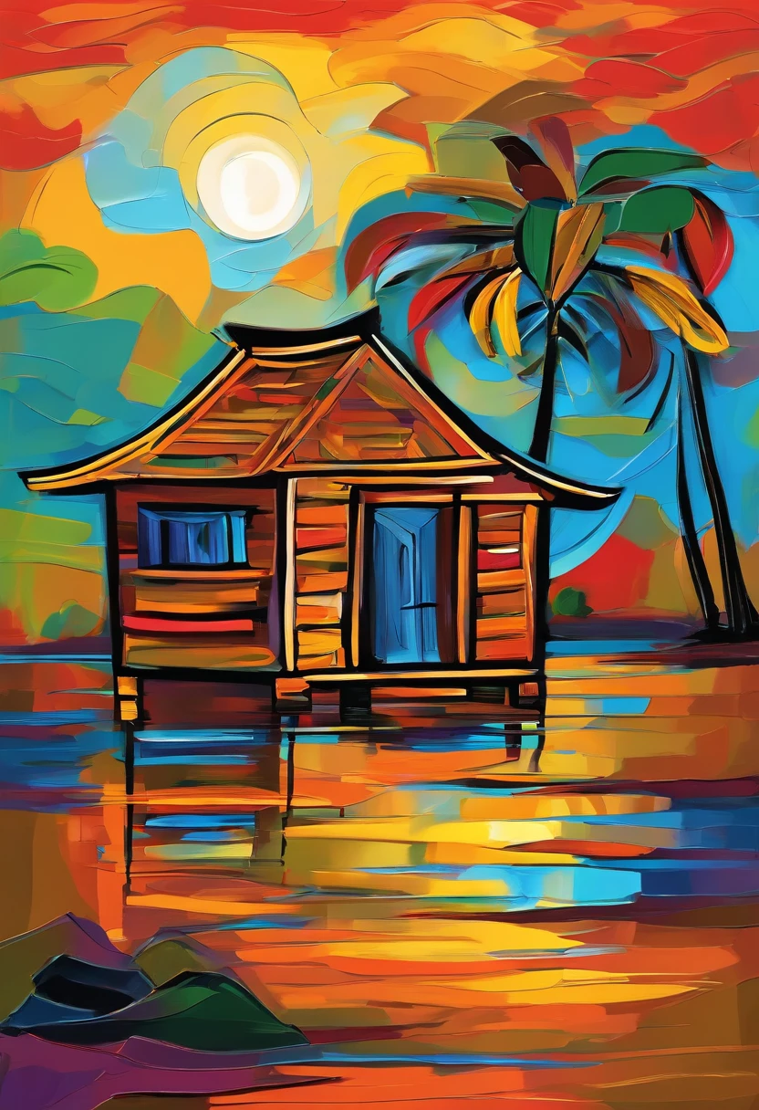 Painting of a traditional African hut, coucher de soleil, Near the lake, moisi, par Picasso, Signed Abudingo