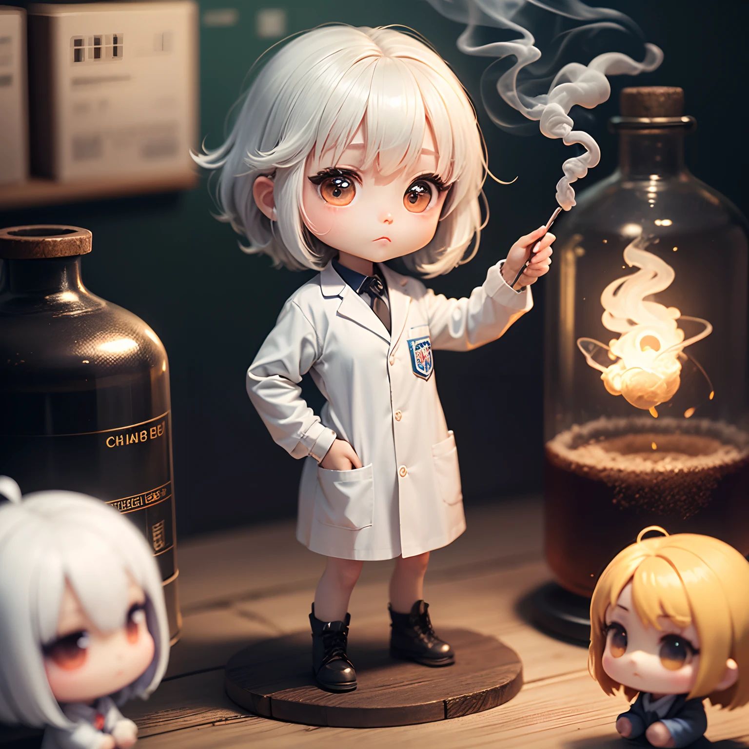 masterpiece、top-quality、ultra-detailliert、(Chibi Chara Scientist:1.2)、White-haired old solo、Chibi Lab、Labware、Suspicious smoke、Standing