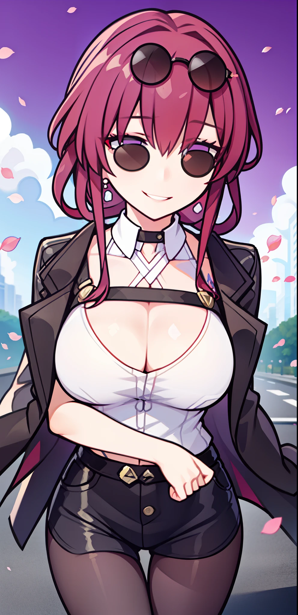 1girl, kafka, wind, wearing sunglasses on eyes, devious smile, mysterious, flower petals, dynamic angles, nsfw