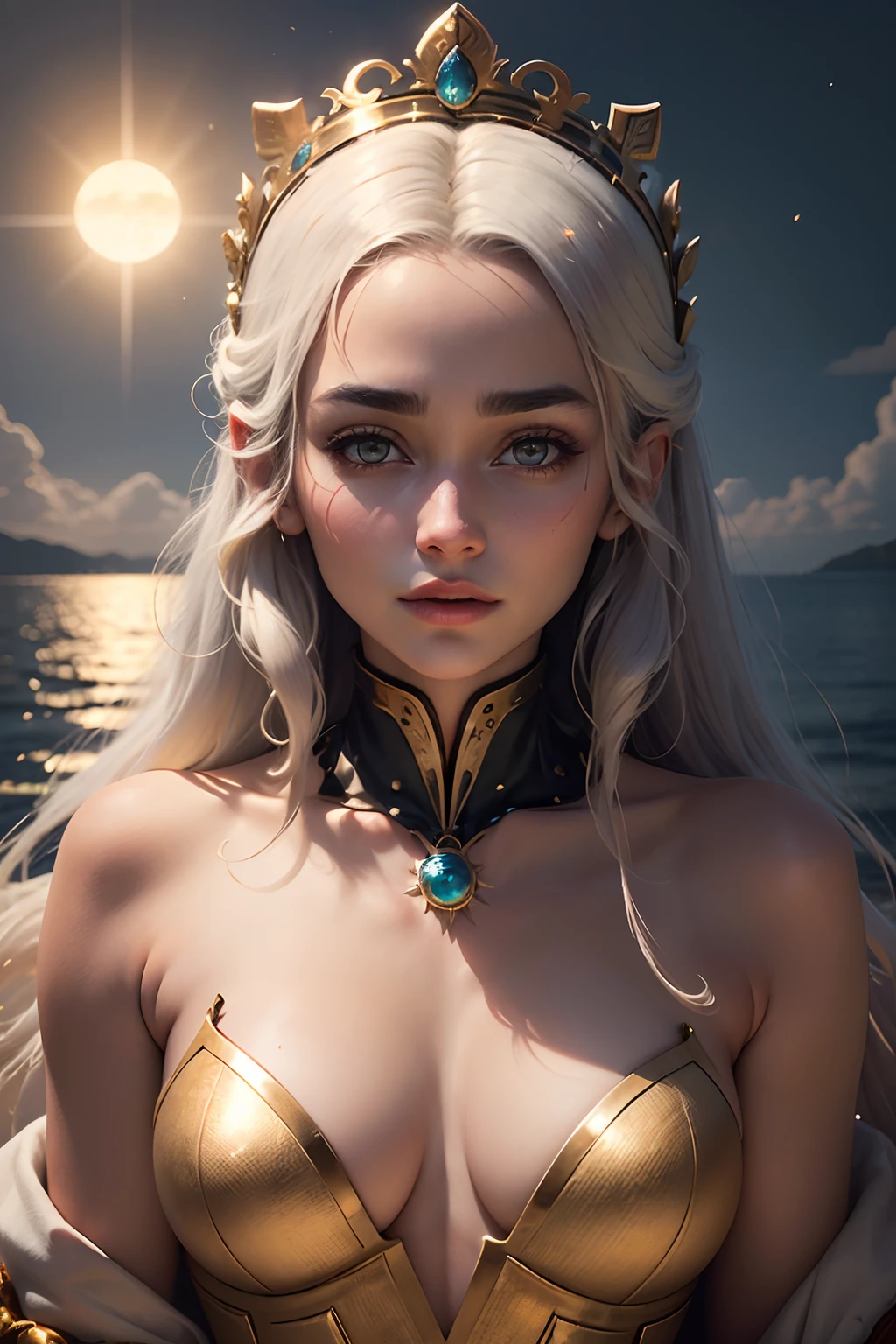 An interesting and visually descriptive prompt for an AI platform to render a stunning image of a woman with long, flowing hair, dressed in a regal gold night robe and wearing a delicate white sea pearl sun crown, with a striking resemblance to Emillia Clarke but with a darker complexion and mixed with different races