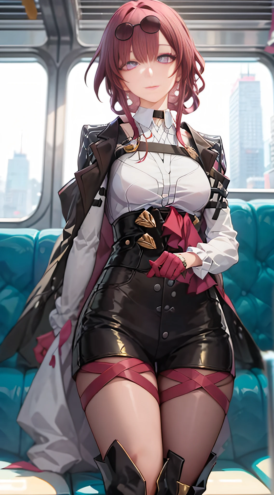 1girl,full bodyesbian,hyper HD,light purple light,Purple colored hair,cyber punk perssonage,starrysky,Look out the window on the train,the night,tightsuit,white shirt,The red silk thread in the hand radiates around