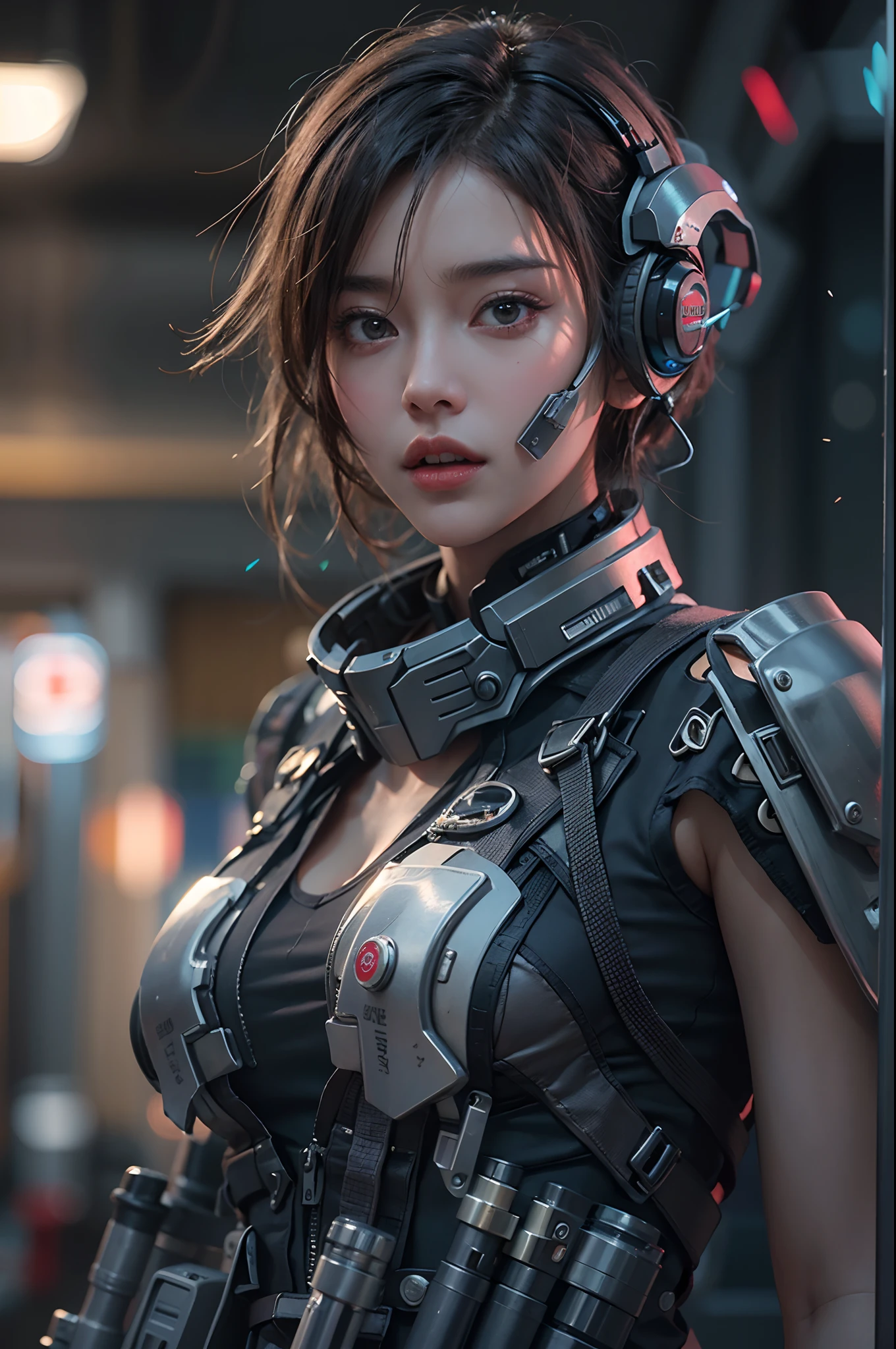 Best Quality, 超A high resolution, Beautiful girl as a doomsday killer, (Highly detailed futuristic technology for holding firearms), very detail hair, 1 girl, Super Resolution, Very detailed face, Extremely detailed light and shadow, ((Full body)), With a wire around the neck,, (Vista), Realistic sci-fi cyberpunk power armored machine girl, Close-up portrait film, 8K, nffsw ((intricate-detail, super detailed)), (Backlight: 1.3), (movie: 1.3), (art  stations: 1.3)　Ultra Tech Function Goggles