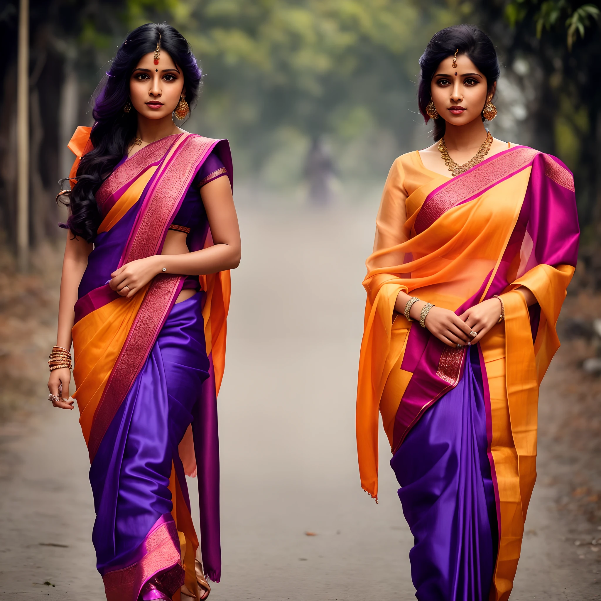 Two women in sari walk on a road in the woods, draped in silky purple and gold, draped in purple and gold silk, wearing sari, wearing sari, wearing sari, Traditional beauty, with beautiful colors, Dark purple and orange, indian style, some orange and purple, Traditional clothing, dressed in colorful silk, Some purple and orange