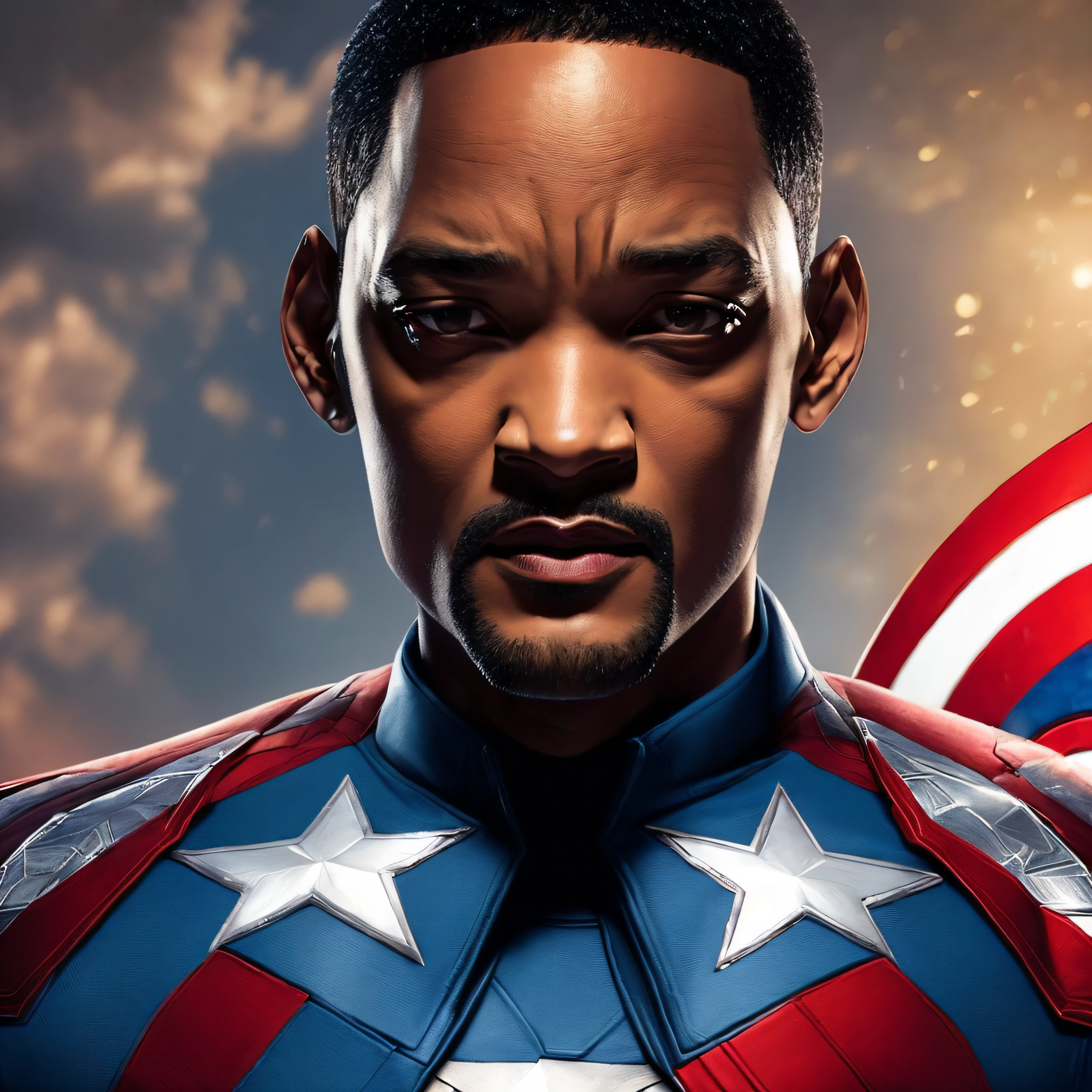 . .Tarantino style Will Smith as Captain America 8k, high definition, detailed face, detailed face, detailed eyes, detailed suit, in style of marvel and dc, hyper-realistic, + cinematic shot + dynamic composition, incredibly detailed, sharpen, details + superb details + evening with light + perfectionism + award winning realism ((moody lighting))