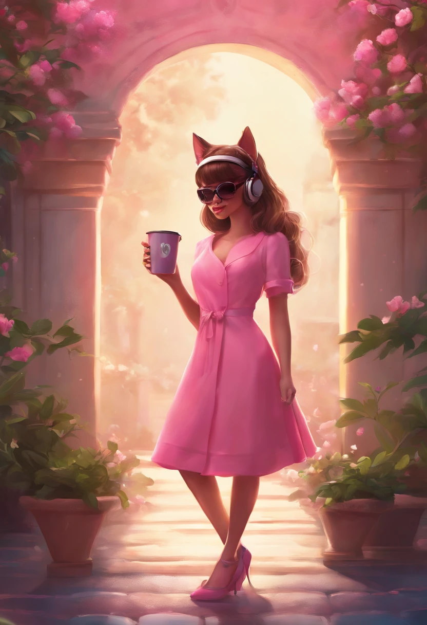 Perfect centering, cute kittens, Wear a pink dress, Wearing sunglasses, Wearing headphones, Standing position, Abstract beauty, Centered, Looking at the camera, Facing the camera, Approaching perfection, Dynamic, Moonlight, Highly detailed, Digital Painting, art  stations, concept-art, , in 8K, hight resolution, Illustration, Wear pink high heels,Holding coffee in hand