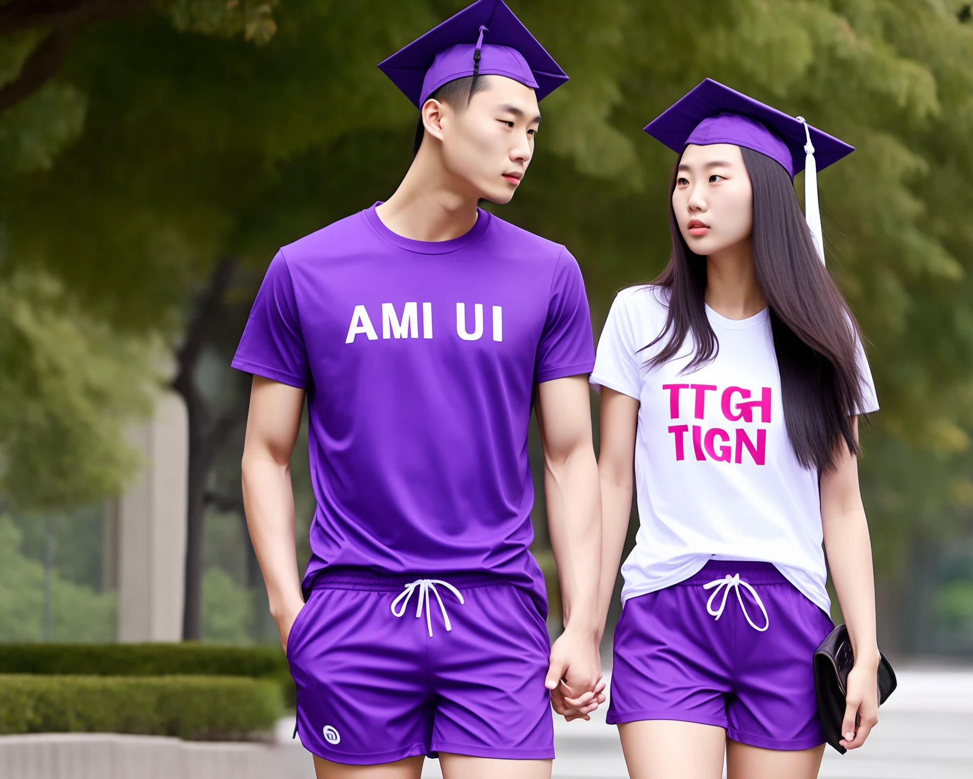 The background is a college campus，a young man and a woman，The man wears a gray Under Arma cap，Wear a purple T-shirt，Write on the chest：Tsinghua University，Wear large pink shorts。The woman has long straight hair，Three and seven points，Dark red hair，Wear a purple TT shirt，Write on the chest：Tsinghua University，Wear light blue shorts on the bottom。hyper HD，Hyper-realistic，The afternoon sun shines obliquely