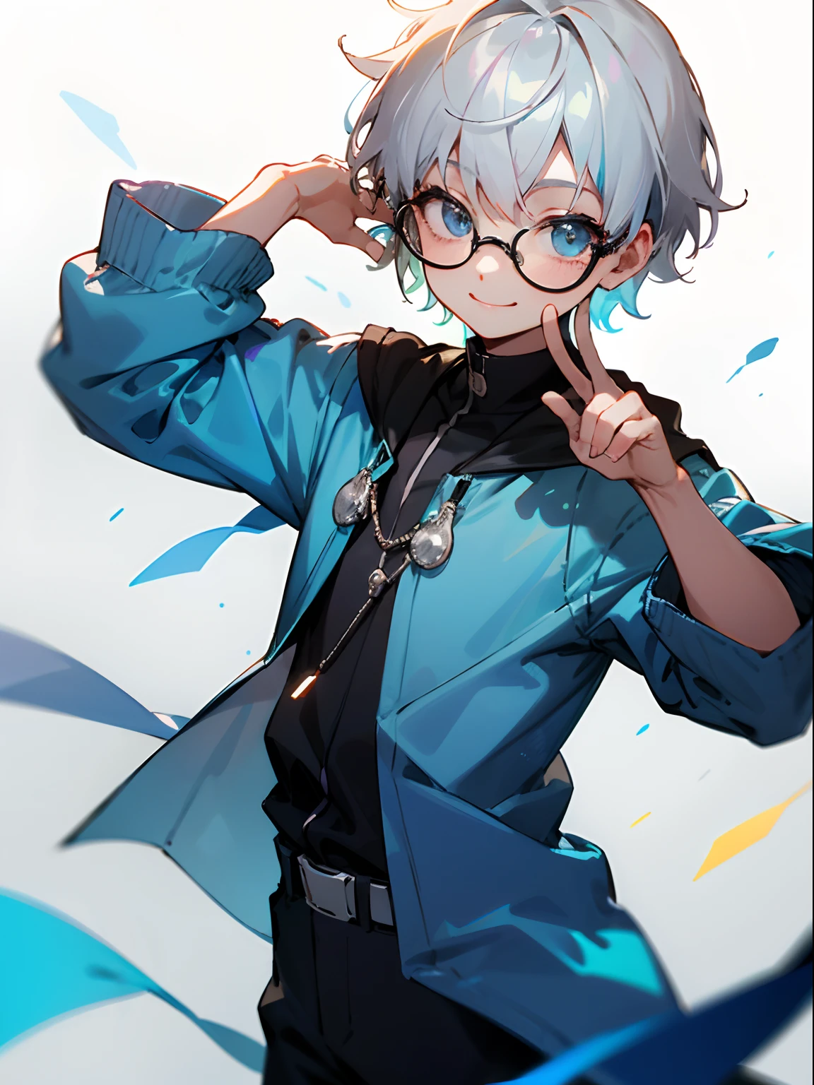 Male child, eye glasses,Cowboy Shots,A smile, silber hair,Daytime,Iridescent background,
