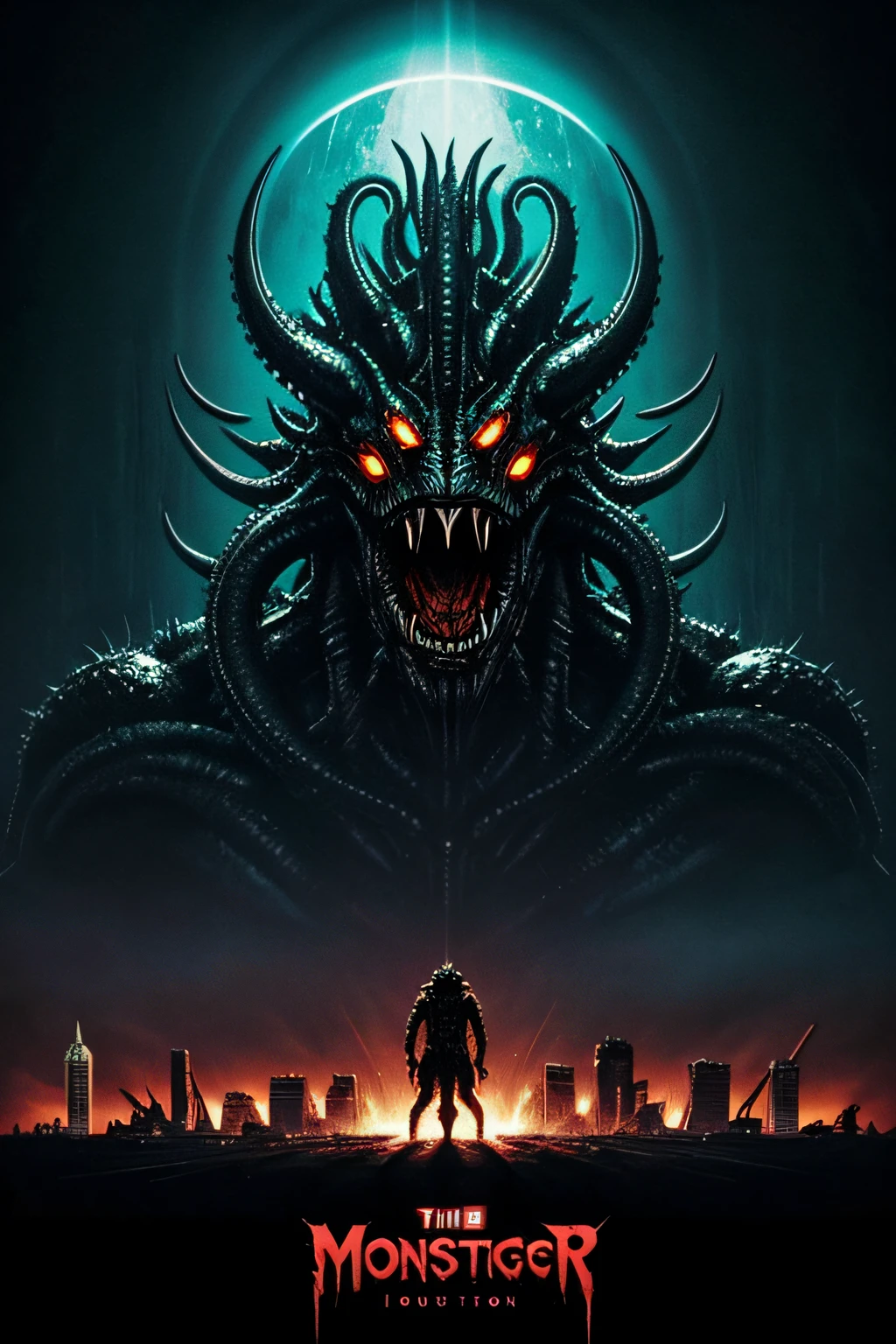 "Design a classic '80s creature feature monster straight out of a B-movie nightmare. This monstrous creature should be a fusion of various menacing elements, with grotesque proportions, razor-sharp teeth, slimy tentacles, and glowing, malevolent eyes. Place it in a post-apocalyptic cityscape, with neon lights casting eerie glows, and a heavy rainstorm intensifying the horror. Create a sense of impending doom and chaos as the monster wreaks havoc among the ruins. Think of iconic '80s creature feature films like 'The Thing' and 'Aliens' for inspiration."