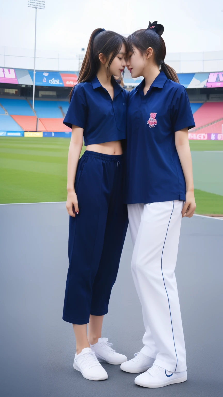 (bestquality,10,10,highres,masterpiece:1.2),ultra-detail,(Realistic,photorealistic portrait,photo-realistic:1.37),1 Cute girl in the football field,oily shiny skin,bara,light smile,BDclothes,((blue shirt:1.3)),short sleeves,shirt, trousers.,(navy_long_Pants Track:1.1), ((Stadium Background:1.3)),dynamic angle,excited,face focus,Dynamic Poses,from behide,Ass Focus,masterpiece, bestquality, ultra realistic, hyper-detail, 8k resolution, RAW photo, crisp focus, ((Navy blue shirt:1.1)), short sleeves, Long Path, Perfect body, 2 mature women, 18yo, cinematic light,Blue sweatpants,Gymware,Correct anatomy,Complete body, Correct body, sharp face, Anatomically correct body, full entire body, Realistic gestures, long-haired, Realistic poses,Wear long shorts....,Long leg span,Shapely,Sculpting Girl 2 Girl Kissing, Realistic kiss, Slender Figure, mannequin mannequins, Shapely, Beautiful body, full entire body, stand, white canvas shoes