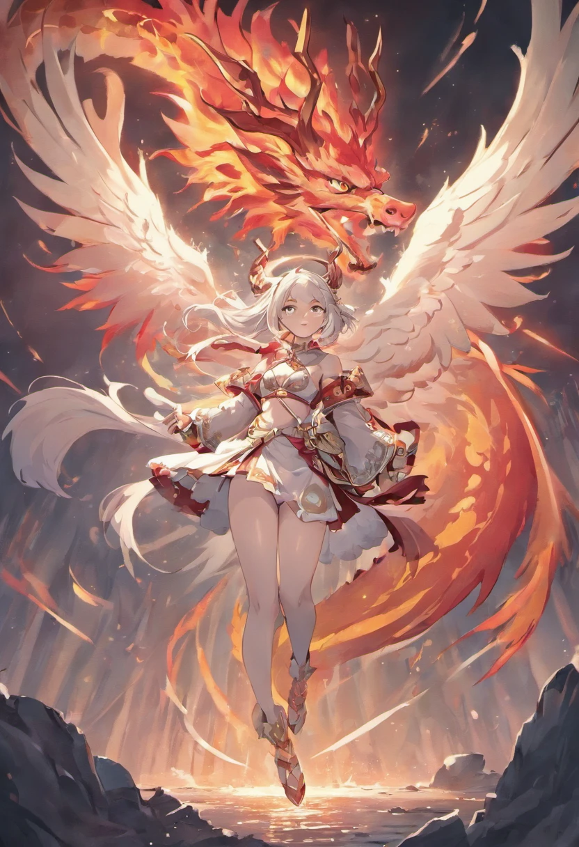 Chinese mythology,above the mountains,A huge white horse,Red tail,There are antlers,in dark style,Huge dams,Huge body contrast