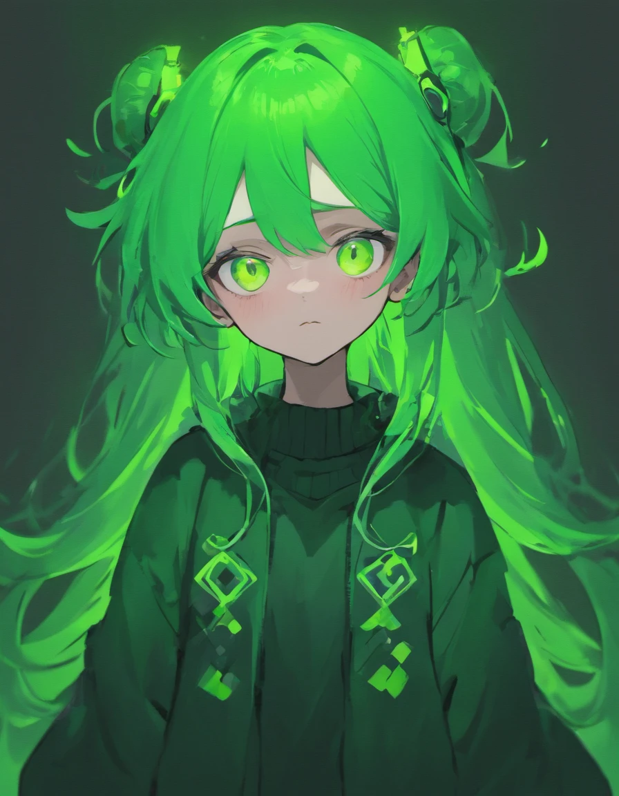 Guy neon green hair, A stern look, in a black and white sweater, grey skin, neon green eyes, antennas, Alien