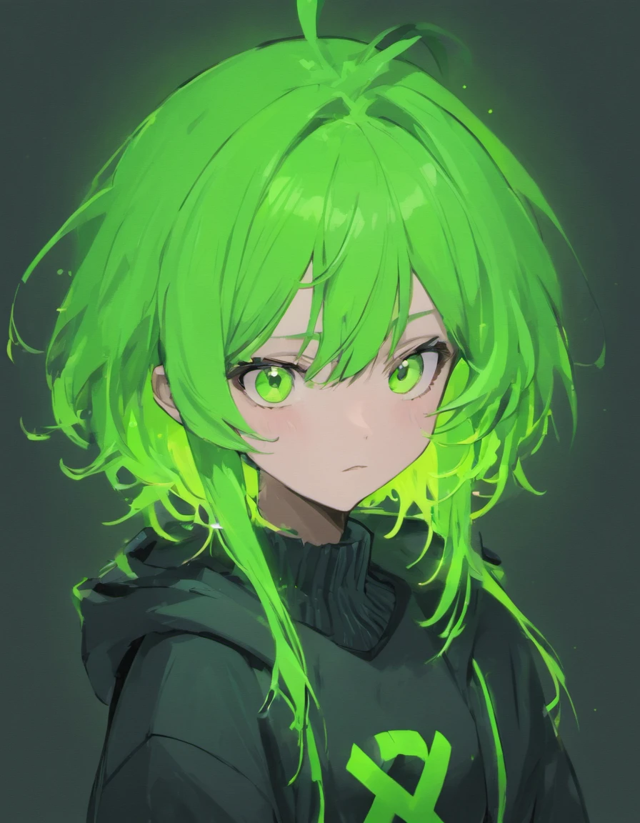 Guy neon green hair, A stern look, in a black and white sweater, grey skin, neon green eyes, antennas, Alien