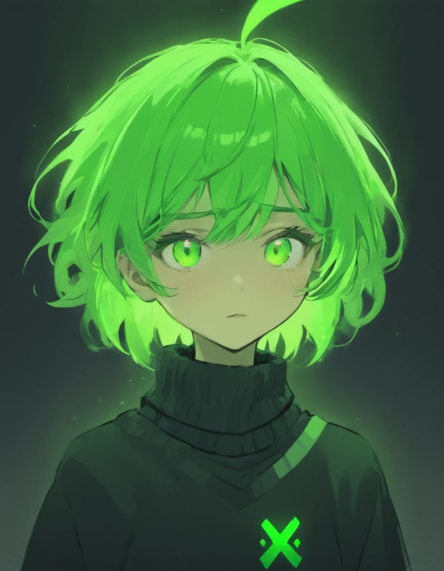 Guy neon green hair, A stern look, in a black and white sweater, grey skin, neon green eyes, antennas, Alien
