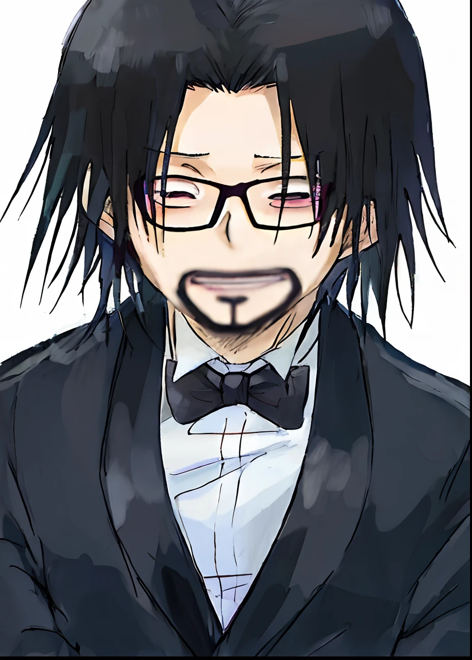 anime guy with black hair and glasses wearing a bow tie, with glasses and goatee, hideaki anno anime, akiyuki shinbou, inspired by Iwao Takamoto, as an anime character, inspired by Okumura Masanobu, okata kazuto, anime man, inspired by Yamagata Hiro, akiyuki shinbo