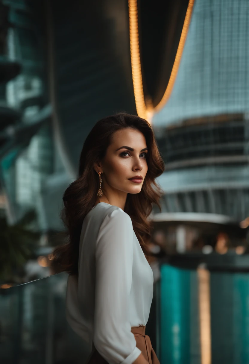 woman brown hair, behind petronas tower, full face