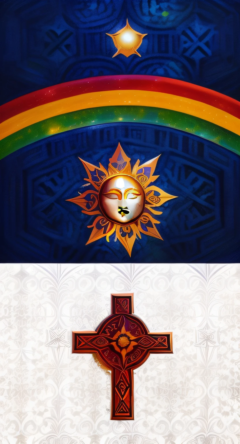 um close up de uma cruz com um sol sobre ela, Catedral do Sol, deus raios solares, Complex tarot card background, Raios de Luz Sagrada Sagrada, imagens religiosas, The Three Suns, Louve o Sol, Tarot card background, Unreadable Rosicrucian symbols, Deus do Sol, quente e ensolarado altamente detalhado, tarot design, tarot card design, deus sol