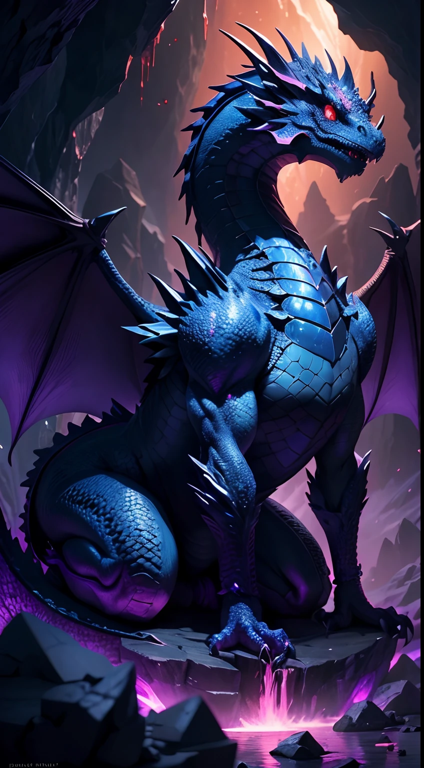 (mastepiece), a dragon on a misteryous cave with crystals,vivid colors,dark, contrast, cool colors, (phcrystal), red crystals, epic,fantasy, the dragon is elegant and dangerous, the dragon has beautiful scales, the dragon has sharp teeths and glowing eyes, the dragon has two beautiful  wings, (two wings:1)