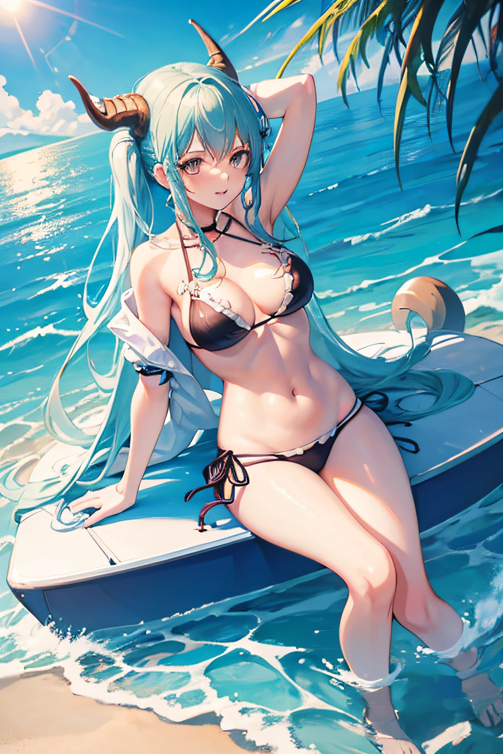 1 girl, Yamato from the anime One Piece, white long hair with blue tips, horns, bikini, on the beach